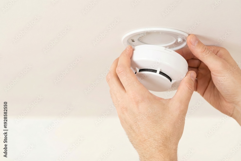 Fototapeta premium Man installing a new smoke detector on a white ceiling for home safety