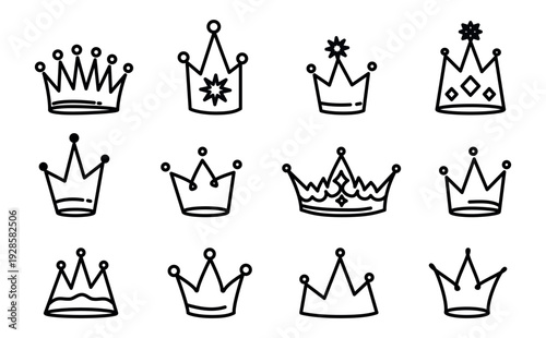 Hand drawn crown doodle set. Naive sketch crowns with loose outline lines in playful doodle style. Royal symbol collection drawn by hand. Vector isolated elements.