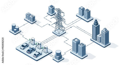 Illustration of a smart grid system connecting electric vehicles, buildings, and power transmission infrastructure.