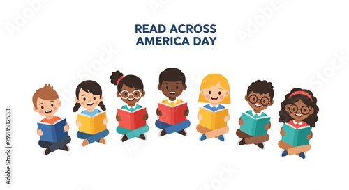 Diverse group of children reading books on Read Across America Day in a colorful classroom setting with digital learning elements