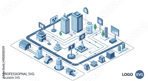 Isometric illustration of a smart city infrastructure with interconnected buildings, roads, and digital displays, representing urban technology and development.