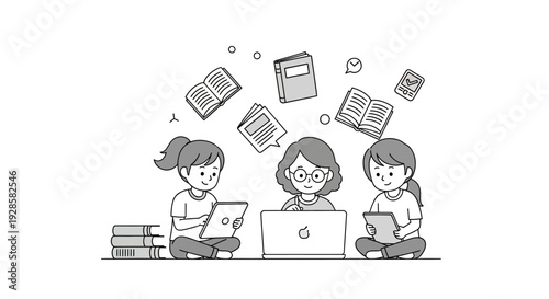 Illustration of three children reading and using laptops with books floating around them in a classroom setting with a digital learning mood