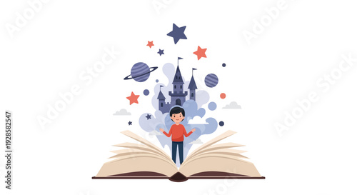A young boy imagines a fantastical world coming out of a book in a colorful illustration with a magical mood