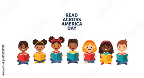Diverse group of children reading books on Read Across America Day in a colorful classroom setting with digital learning elements