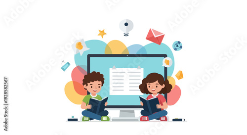 Illustration of two children sitting with laptops on either side of a large computer screen displaying a document, surrounded by colorful learning icons and symbols in a vibrant digital