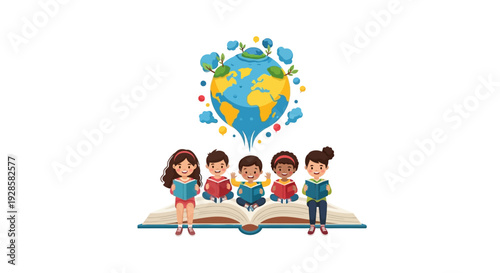 A diverse group of children standing on an open book with a globe and imagination coming out, symbolizing multicultural classroom reading on Read Across America Day