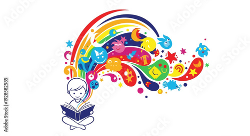 A child reads a book with imagination coming out, surrounded by colorful illustrations and rainbow on Read Across America Day in a multicultural classroom setting