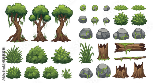 This vector collection features various cartoonish jungle and forest assets including lush trees, bushes, grass, moss-covered rocks, and tree stumps.