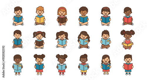 Diverse group of children reading books in a colorful illustration for Read Across America Day and multicultural classroom education