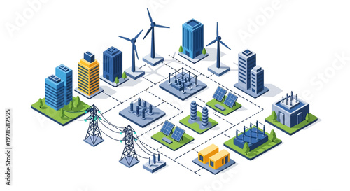 An isometric illustration depicting a smart city's interconnected energy infrastructure, including buildings, wind turbines, solar panels, and power transmission lines.