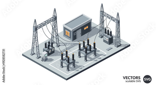 Isometric illustration of an electrical substation with transformers, power lines, and a control building, representing industrial energy infrastructure.