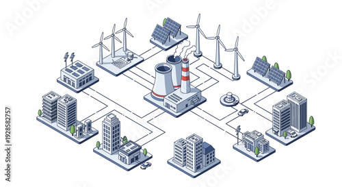 Isometric illustration of a smart grid system connecting various energy sources and urban buildings.