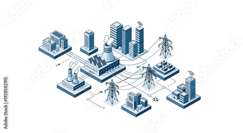 An isometric illustration depicting a smart grid system connecting industrial facilities, power plants, and urban buildings with smart technology.