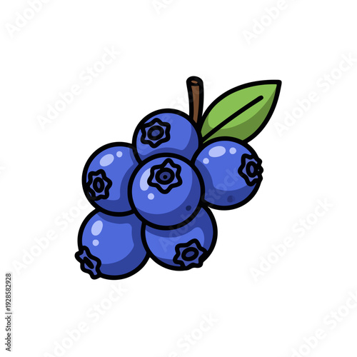 Blueberry Cluster Cartoon Icon – Glossy Fresh Berry Illustration. Vibrant blue blueberries with leaf, bold outline, isolated on light background.