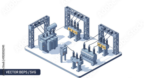 Isometric illustration of an electrical substation with transformers, circuit breakers, and power lines, showcasing industrial power distribution infrastructure.