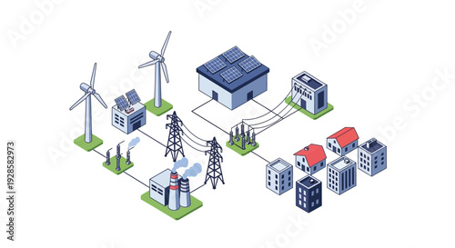 Illustration of a smart grid system connecting renewable energy sources, industrial facilities, and residential buildings.