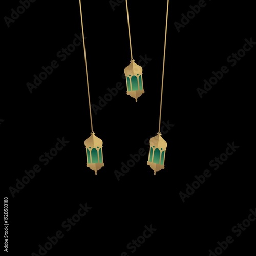 Hanging Ramadan Lanterns Swaying Gently on Black Background 