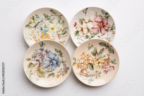 Four decorative ceramic plates with intricate floral patterns are arranged on a white background. These plates feature detailed botanical artwork.
