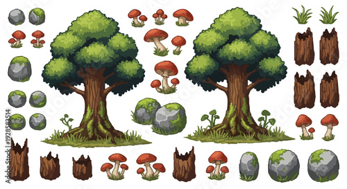 A diverse set of cartoon forest elements featuring two trees, mushrooms, moss-covered rocks, grass tufts, and tree stumps, presented on a white background.