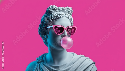 Blue statue wearing pink heart shaped sunglasses blowing bubble gum, fun quirky portrait on magenta background