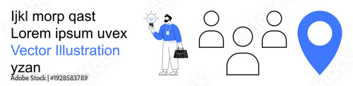 Innovation, teamwork, networking, location services, ideas, business solutions. A businessman holds a lightbulb near group icons and a map pin. Innovation and teamwork concept