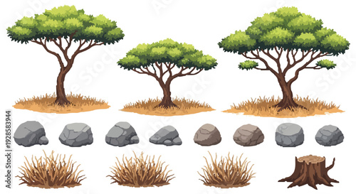 A collection of stylized natural elements including various trees, rocks, dry grass patches, and a tree stump, depicted against a white background.