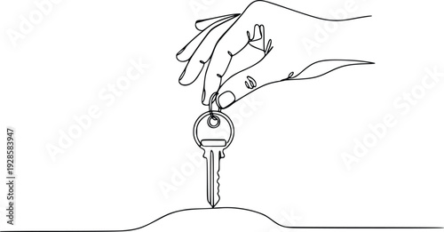 House Key Handover Continuous Line Art Vector – Real Estate Transaction Concept