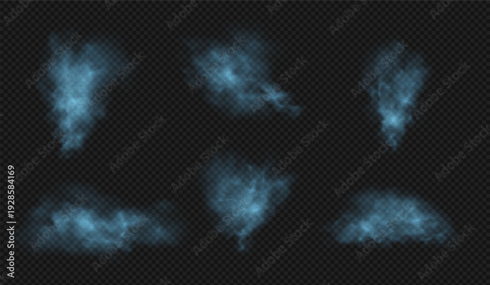 Fototapeta premium A set of realistic blue clouds of steam, smoke, or dust on a transparent black background.