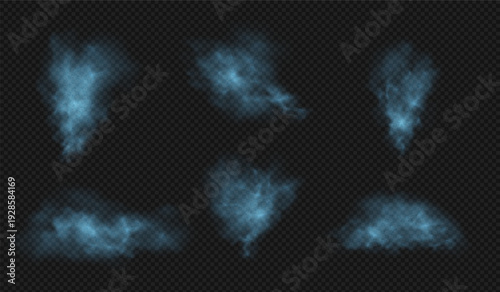 A set of realistic blue clouds of steam, smoke, or dust on a transparent black background.