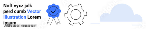 Certification ribbon with checkmark, gear mechanism, and cloud. Ideal for success, innovation, productivity, technology, connectivity, efficiency simple landing page