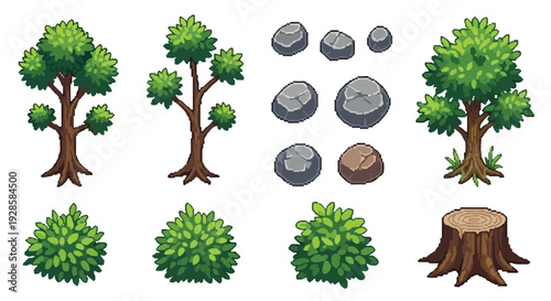 This pixel art vector showcases a collection of nature-themed game assets including various trees, bushes, rocks, and a tree stump.