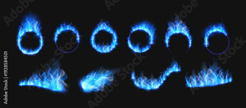 Blue fire burning rings and waves on black, flaming circle frames, realistic fiery shapes with tongues flame vector set