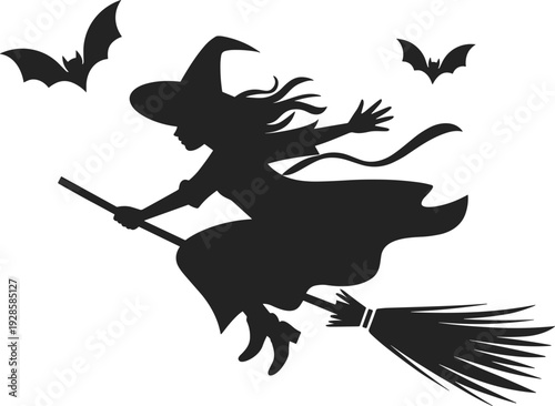 Flying witch silhouette with broomstick and bats Halloween illustration