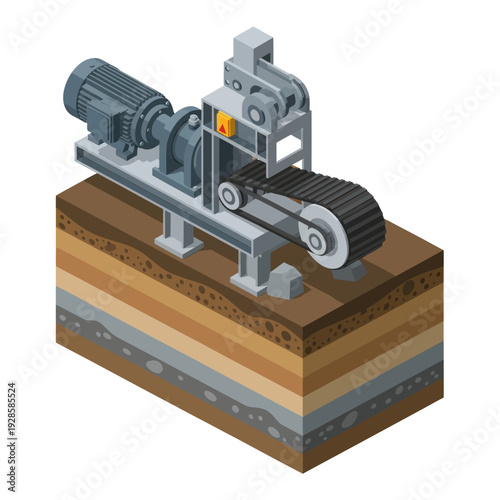 Isometric illustration of a drilling rig and layered soil cross-section, showcasing industrial machinery and geological strata.