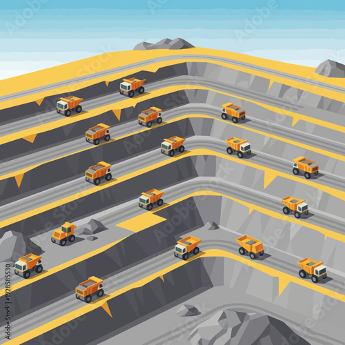 An aerial view of a large open-pit mine with multiple levels and many dump trucks transporting materials.