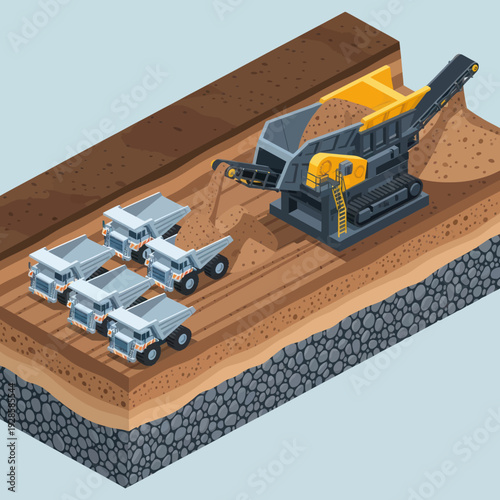 Isometric illustration of a mining operation with dump trucks and a crushing machine processing raw materials from the earth.
