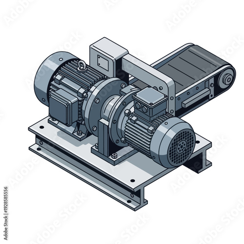 Isometric illustration of a conveyor belt system with two electric motors and a gearbox, mounted on a steel base.