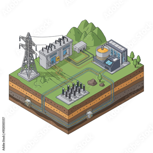 Isometric illustration of a geothermal power plant, showing underground heat extraction, steam conversion, electricity generation, and transmission infrastructure.