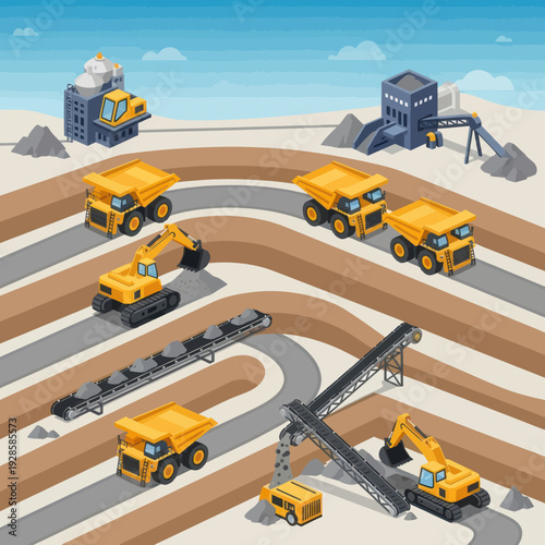 Isometric view of a busy open-pit mine with excavators, dump trucks, and conveyor belts processing extracted materials under a clear sky.