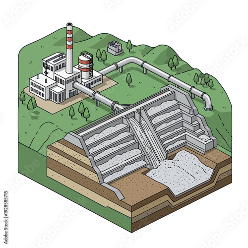 Isometric illustration of a hydroelectric power plant with dam and water flow.