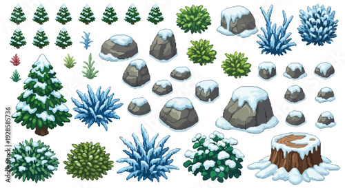 A diverse collection of winter-themed isometric pixel art assets, featuring various snowy trees, bushes, rocks, ice formations, and a tree stump.