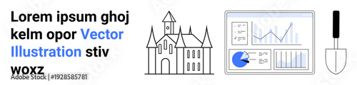 Castle outline, interactive analytics dashboard with charts, and a construction trowel for themes of architecture, data analysis, construction, renovation, education, strategy and progress. Ideal