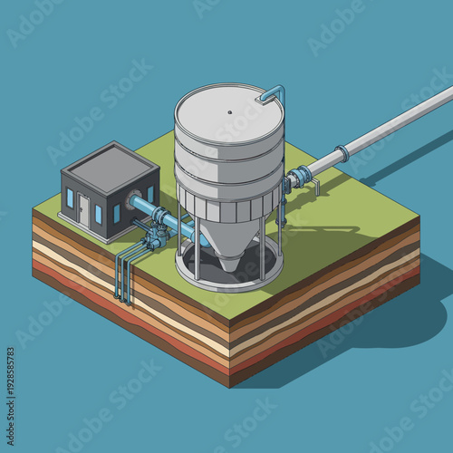 Isometric illustration of a water treatment plant with a large cylindrical tank and pipes.