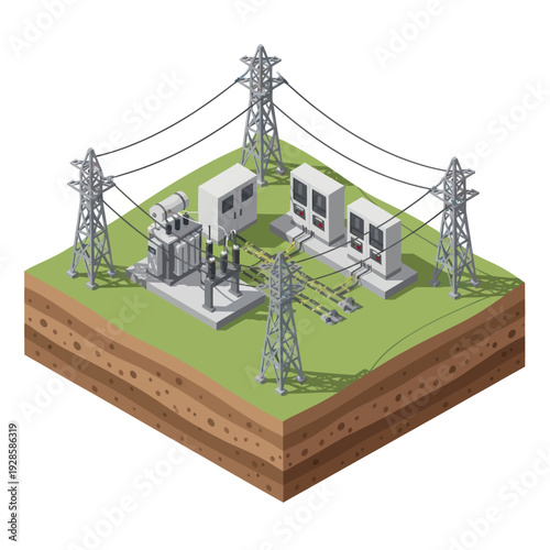 3D illustration of electrical substation with transmission towers and equipment.