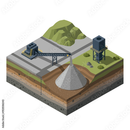 3D illustration of an open pit mine with conveyor belt and storage facilities.