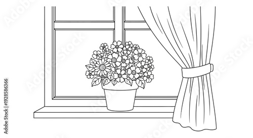 Cozy Autumn Flowers on a Window Sill Coloring Page for Home Decor. transparent.