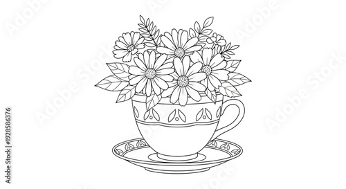 Charming Autumn Flowers in a Decorative Teacup Coloring Page. transparent.