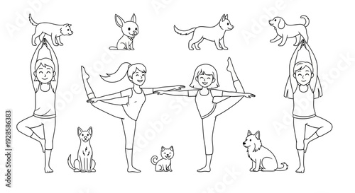Dynamic Yoga Flow with Interacting Pets, Joyful Pre-Teen Coloring Page Art. transparent.