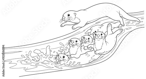 Joyful Otter Family Swimming and Sliding in River Aquatic Line Art Page. transparent.