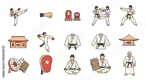 Minimalist Line Art Silhouettes of Martial Arts Poses with Color Accents. transparent